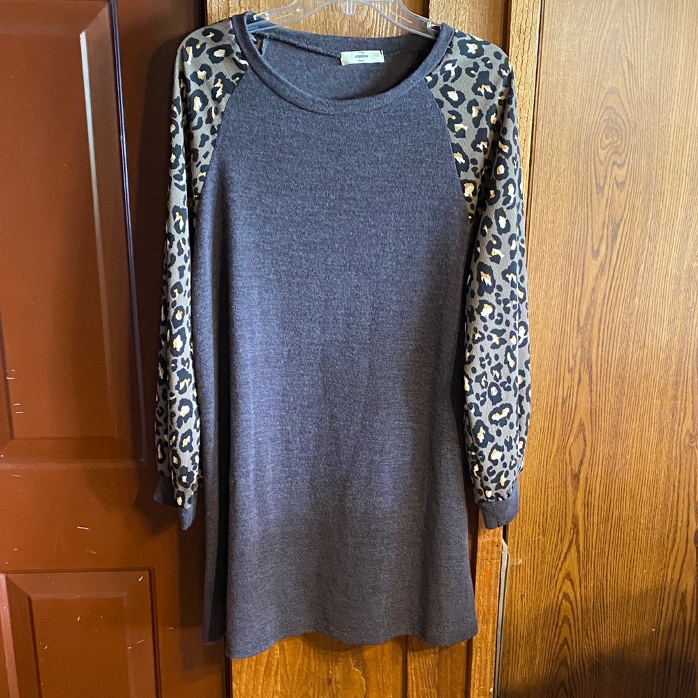 entro Charcoal Grey Dress with Leopard Print Sleeves